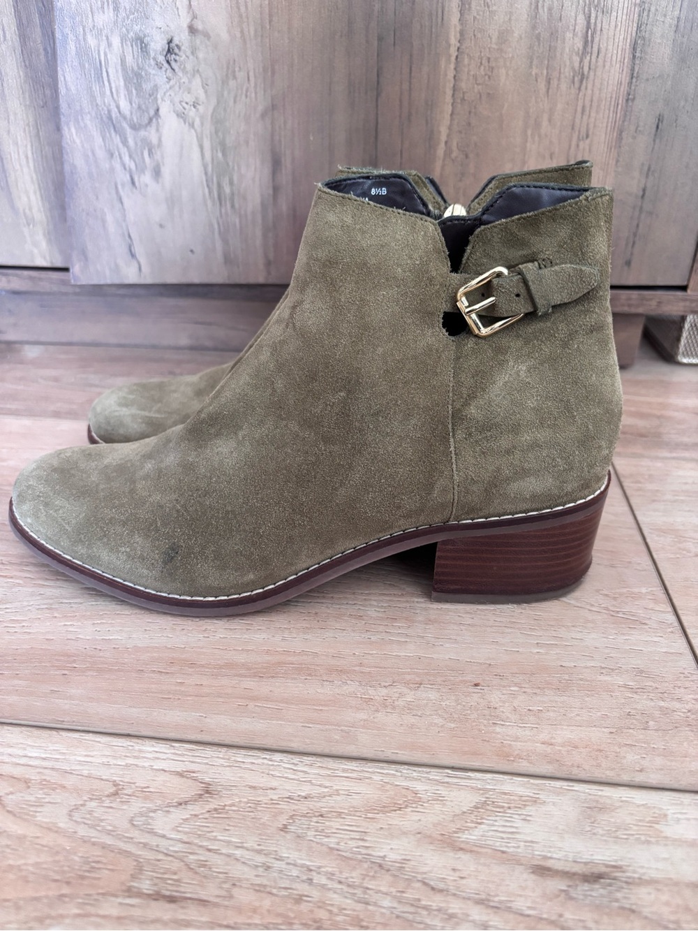 Cole Haan Olive Suede Ankle Booties with Side Buckle